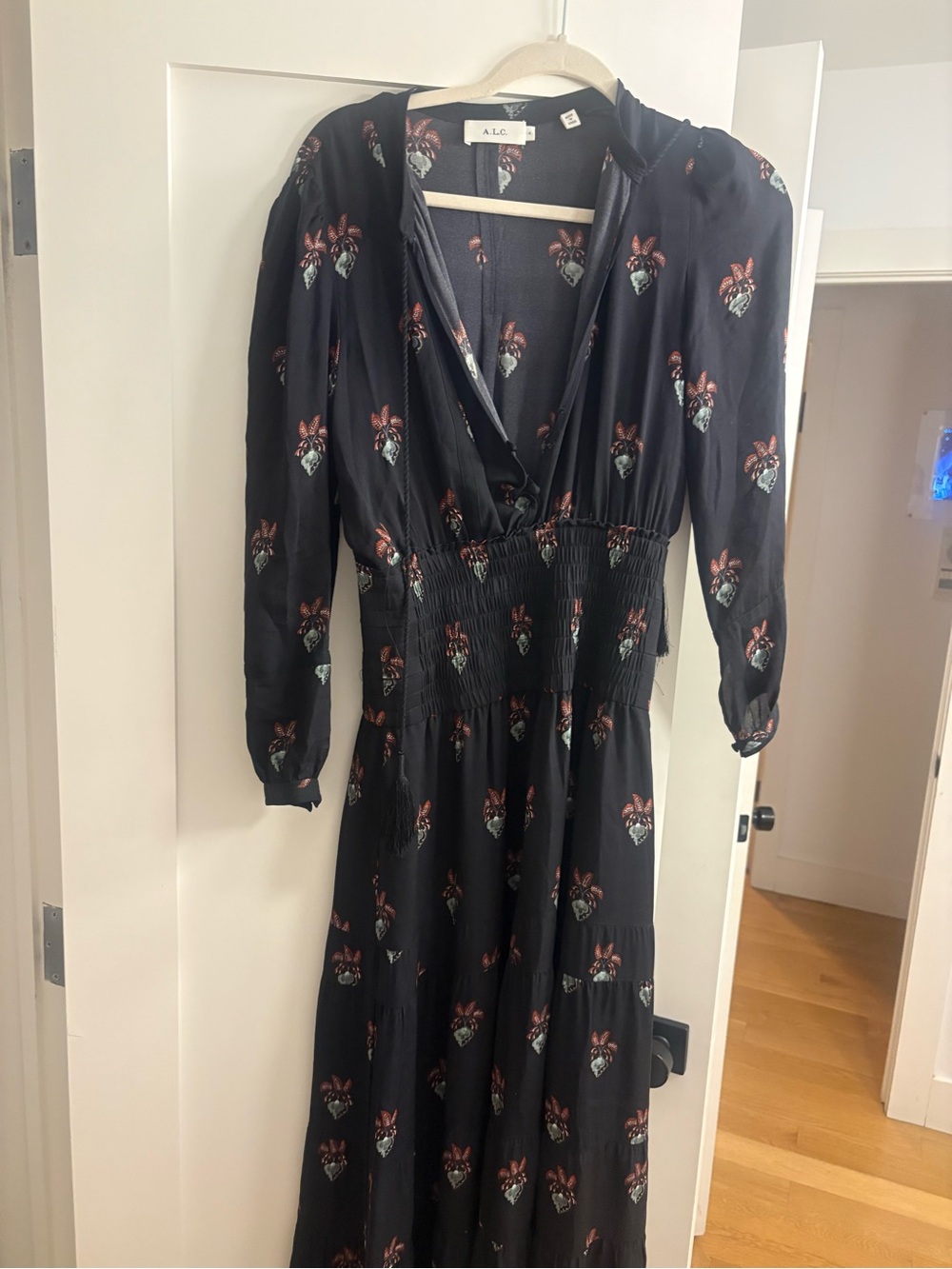 A.L.C. Black Floral Long Sleeve V-Neck Maxi Dress